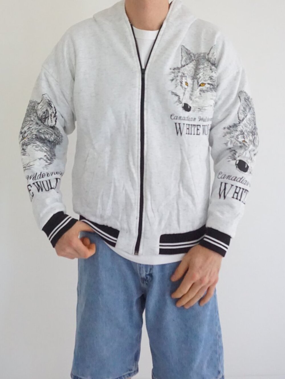 Vintage TOSH Sportswear Grey Black Canadian White Wolf Print Zip Hooded Jacket M